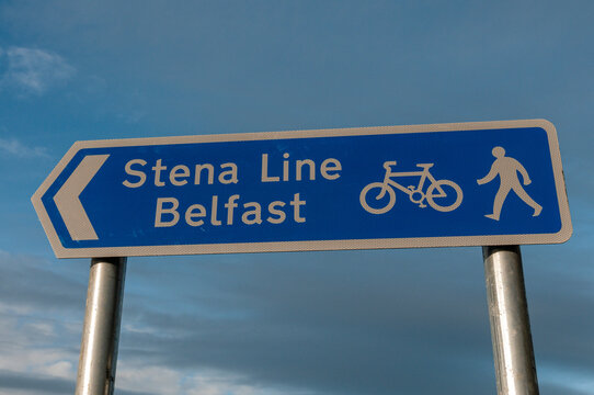 CAIRNRYAN, 21/11/2011 - Road sign indicating cycle and pedestrian route to Stena Line ferry port at Cairnryan