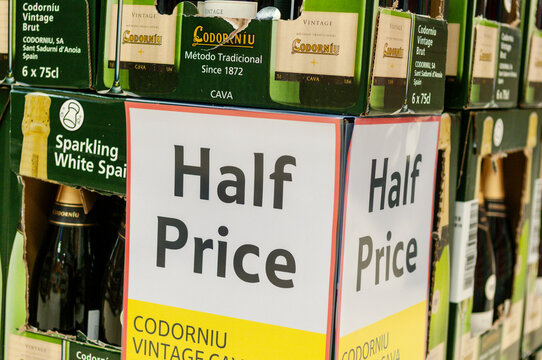 Half price offer on wine at a Tesco supermarket