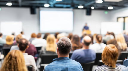 Naklejka premium Audience listening to an expert speaker during a professional conference, a seminar, or an educational training event