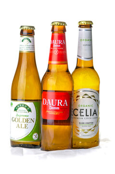 Three bottles of gluten-free beer Damm Daura, Greens Supreme Golden Ale and Celia from the Czech Republic