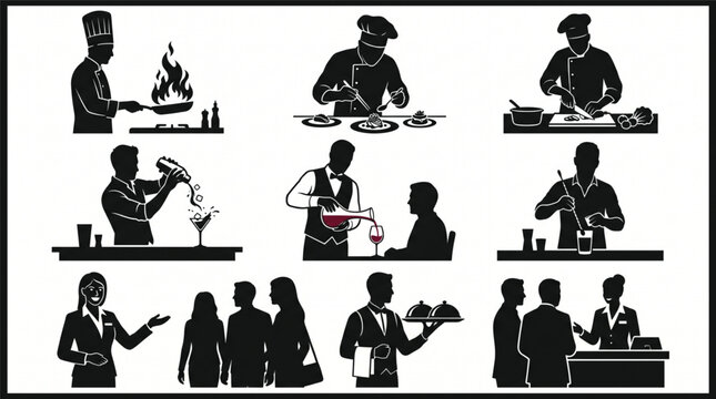 Massive Collection of Professional Restaurant Staff Silhouettes Featuring Chefs Cooking, Bartenders Preparing Cocktails, Waiters Serving Wine, Hostesses, and Managers in Clean Vector Style