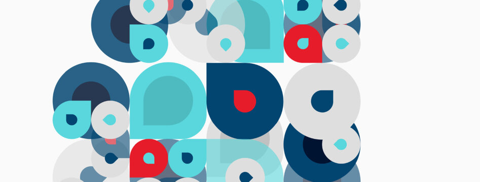 Abstract circles overlap, creating playful patterns. Blue, red, turquoise hues dominate design. Minimalist aesthetic, modern feel.