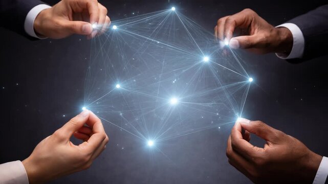 Diverse business hands connect holographic network, showcasing teamwork and partnership in technology and innovation for brighter future