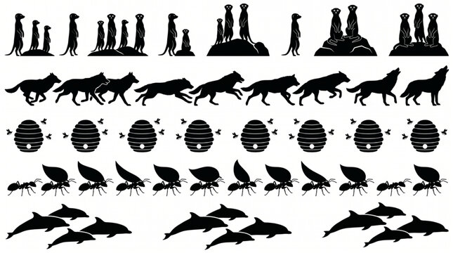 Massive collection of animal group silhouettes featuring meerkat families, running wolf packs, honey bee hives, leafcutter ants carrying foliage, and pods of swimming dolphins on white backg