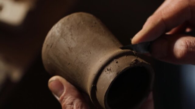 A close-up of hands shaping a clay pot using a tool, highlighting the craftsmanship of handmade pottery.