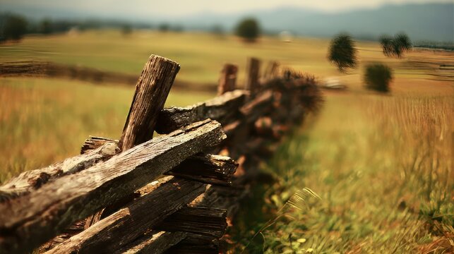 A rustic split rail wooden fence borders a grassy countryside field on a clear day.