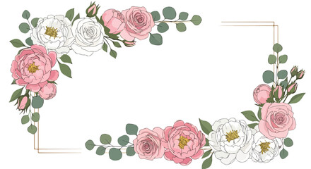 A floral border with pink roses, white peonies, and eucalyptus leaves © Fika