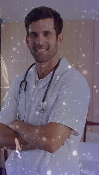 Vertical video: Seniors walking left driving cam pan right, doctor posing, health UI marking steth