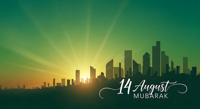 A city skyline at sunset with a celebratory message on transparent background