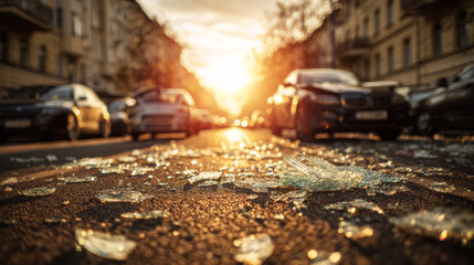 Naklejka premium Shattered glass pieces littering asphalt on a city street, two vehicles damaged after an accident at sunset