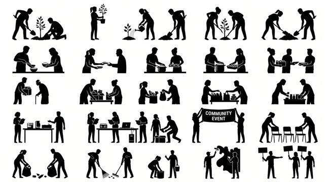 Massive collection of community volunteer silhouettes featuring people planting trees, serving food, cleaning litter, helping elderly, and organizing charity events with equipment and tools.