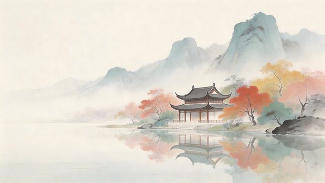 Traditional Asian pavilion by serene lake