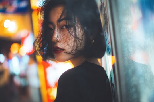 夜の街で壁に立ち向かう女性