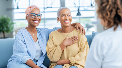 Obraz premium Two happy women sharing a positive moment during counseling, one smiling with hand on chest, other offering support