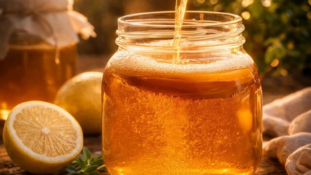 Golden wellness drink in mason jar with lemon slices creates refreshing and vibrant atmosphere for healthy lifestyle