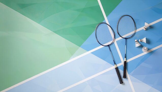 Badminton Equipment with Rackets and Shuttlecocks on Court Background