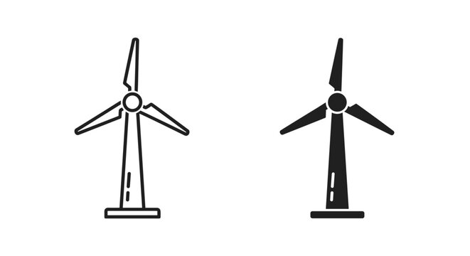 Wind turbine vector icons set, renewable energy wind mill symbols, sustainable power generator line and silhouette graphics for eco-friendly design