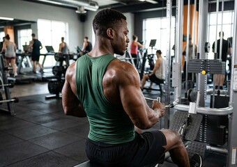 Fototapeta premium Back view of a muscular bodybuilder performing seated cable row workout using machine in a dark gym.