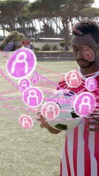 Vertical video: AR network hovering, hiding player while moving soccer ball and checking for sports