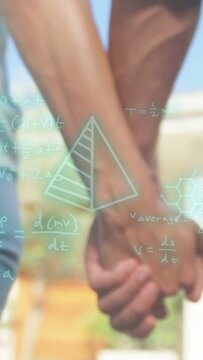 Vertical video: Camera pulling back, teal formulas fading in over joined hands, showing learning