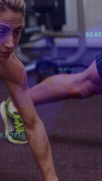 Vertical video: Camera panning woman doing plank row with 4KG dumbbell overlay tracking fitness