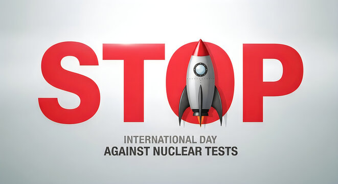 International day against nuclear tests poster with rocket illustration