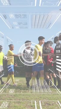 Vertical video: Soccer players lining sideline, yellow shaking for greeting, HUD overlaying stats