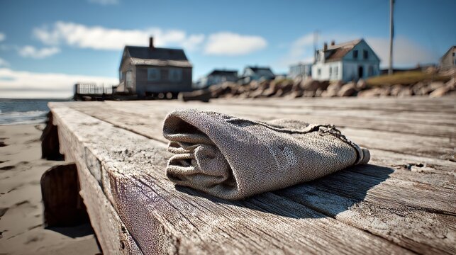 Sun-bleached linen fabric resting on weathered wooden dock with coastal village in background