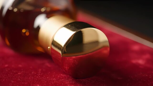 Luxury Perfume Bottle with Gold Cap on Red Velvet.