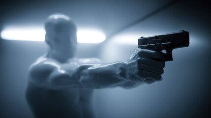 Naklejka premium Silhouette figure aiming handgun in dramatic studio lighting. Tactical training concept for precision performance, focus, self defense practice, security simulation, and controlled shooting 