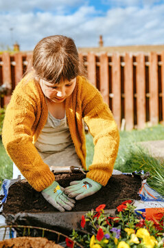 Young child planting flowers in garden bed outdoors in spring