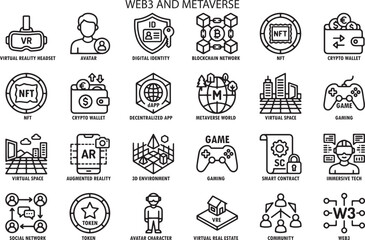 Fototapeta premium Web3 and Metaverse, Icon Set, Illustration Doodle Cartoon Collection