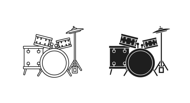 Drum kit vector icons, acoustic drum set line art and silhouette, musical percussion instrument graphics for band posters