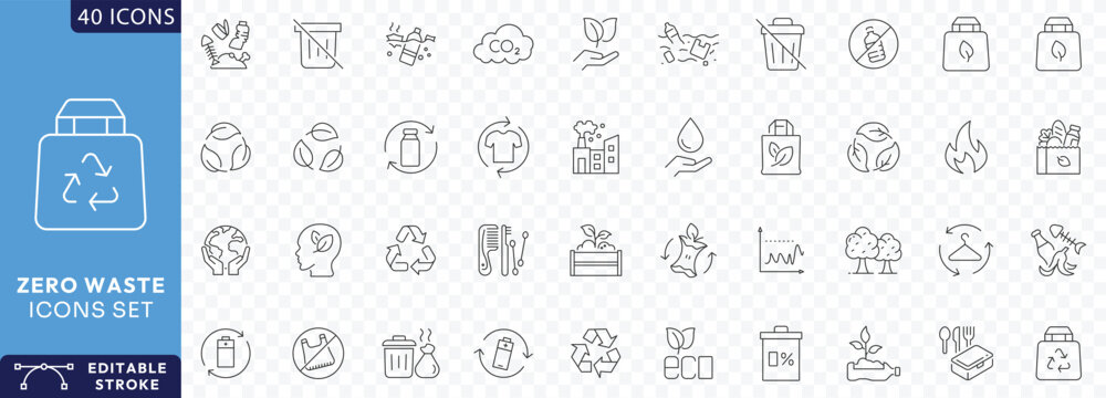 zero waste icon set. Outline Icon Collection. Fully Editable. Vector illustration.