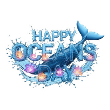 Whale tail splashes water on Happy Oceans Day illustration