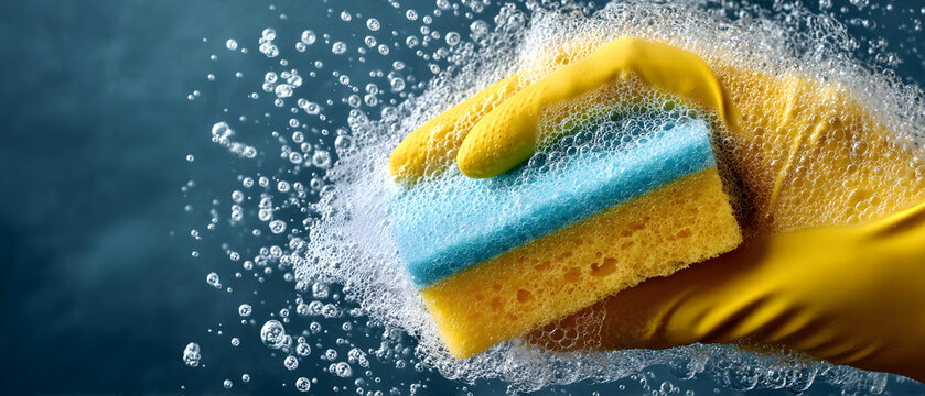 Top View of Hand in Protective Glove Scrubbing with Soap Suds and Sponge