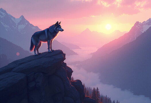 A majestic gray wolf stands confidently on a rocky outcrop, silhouetted against a vibrant sunset - fantasy