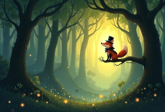 A whimsical digital illustration depicts a serene forest scene at dusk. A fox, wearing a top hat, sits confidently on a branch, its fur a vibrant orange. 
