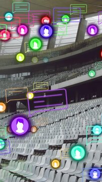 Vertical video: Camera panning showing empty stadium seats, icons spawning, drifting to show crowd