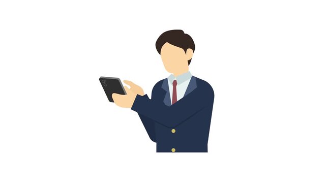 フラットイラストアニメーション：スマートフォンを操作する高校生男子(冬服)