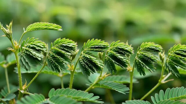 Mimosa Pudica Sensitive Plant Leaves Folding and Reacting to Touch
