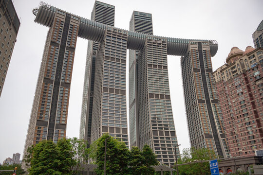 View of Raffles City, Chongqing on a cloudy hazy day