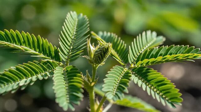 Mimosa pudica Sensitive Plant Macro Close-up of Green Leaves