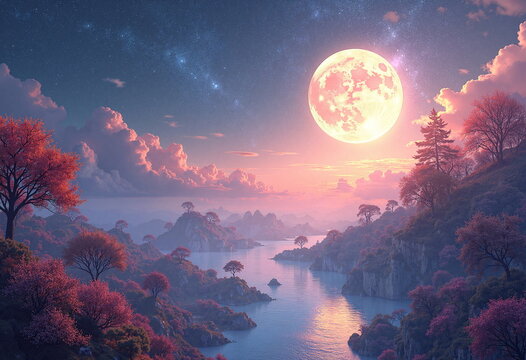 A serene nighttime landscape featuring a large, full moon casting a soft glow over a tranquil lake. 