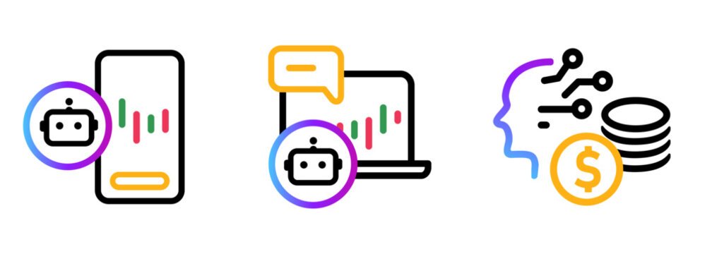 Artificial intelligence automated AI robot trading icon set featuring algorithmic financial data analysis and digital money investment with brain technology symbols for automated stock market trading