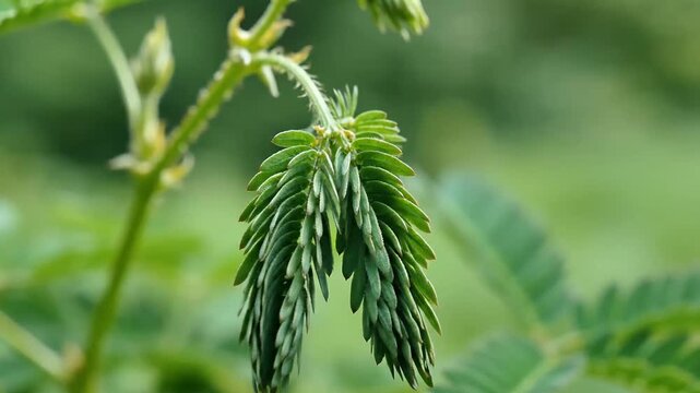 Mimosa Pudica Sensitive Plant Folding Leaves After Touch
