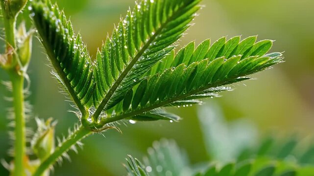 Macro of Sensitive Plant Leaves Covered in Fresh Dew Drops