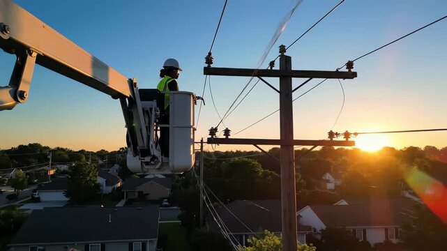 Beneath a vivid sunset, a dedicated worker on a cherry picker skillfully tends to power lines, ensuring safety for the vibrant neighborhood below.