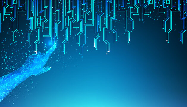 Digital hand emerging from glowing particles on blue background