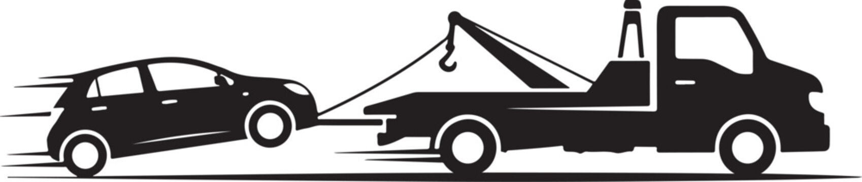 Tow truck, car towing, vehicle rescue, roadside assistance, silhouette illustration